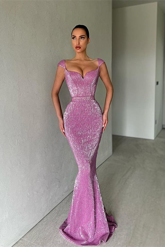 Cap Sleeves Long Mermaid Sequins Prom Dress