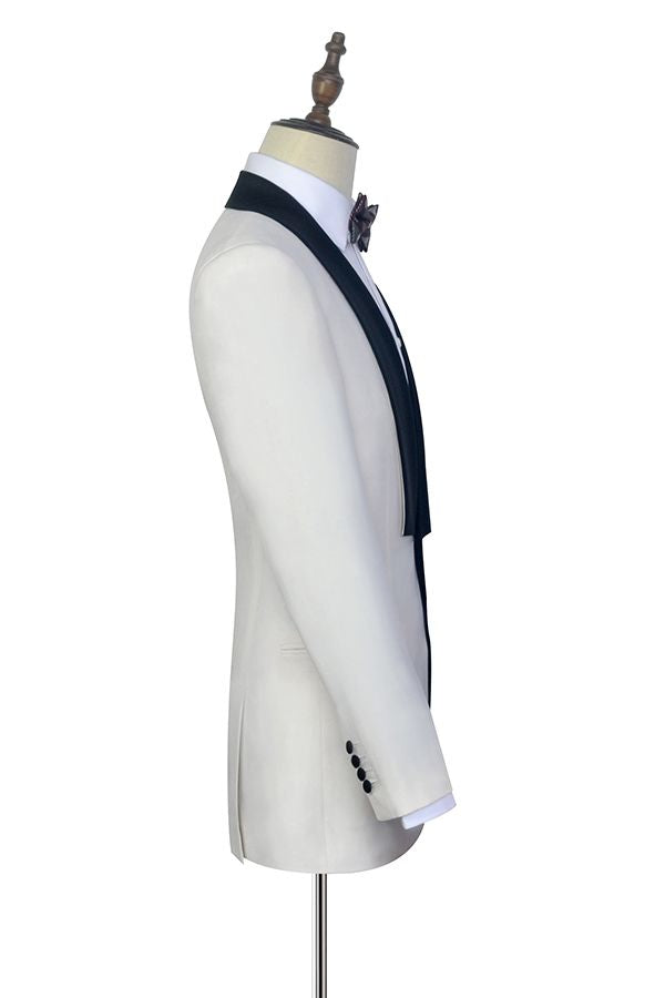 One Button White Wedding Tuxedos for Men with Black Knife Collar Classic Look