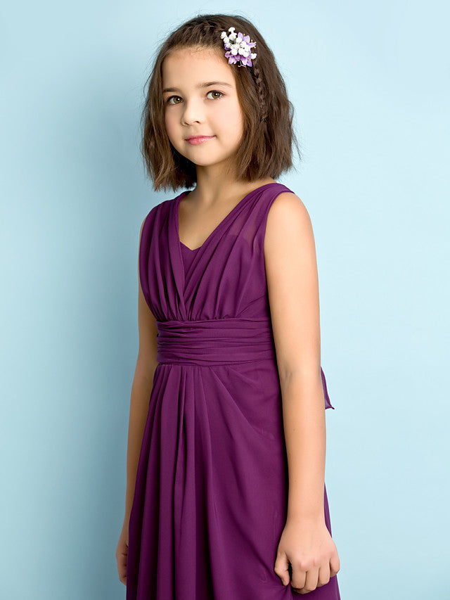 A-Line V Neck Chiffon Flower Girl Dress - Floor Length With Criss Cross Natural Mini Me