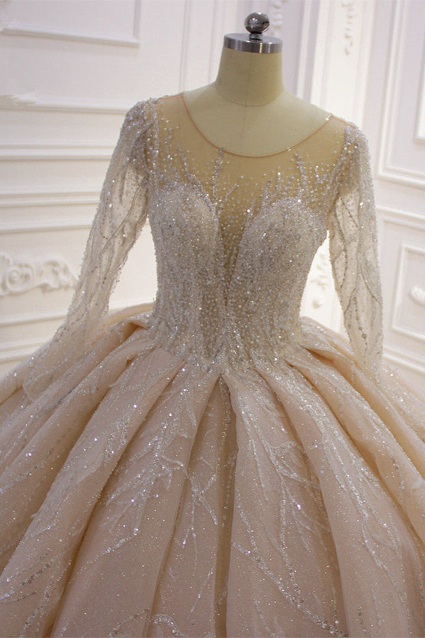 Gorgeous Bateau Long Sleeves Floor-length Ball Gown Wedding Dress with Ruffles