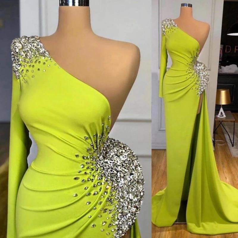 Mermaid Yellow Green Long Sleeves Prom Dress with Beads for a Splendid Look