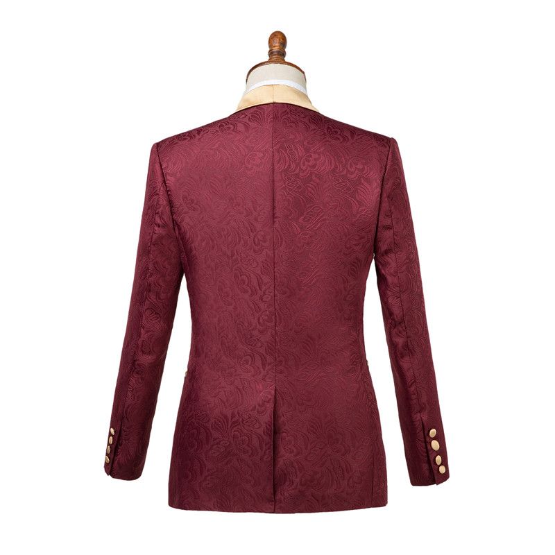 Gentle Burgundy Shawl Lapel Men's Wedding Suit With Jacquard