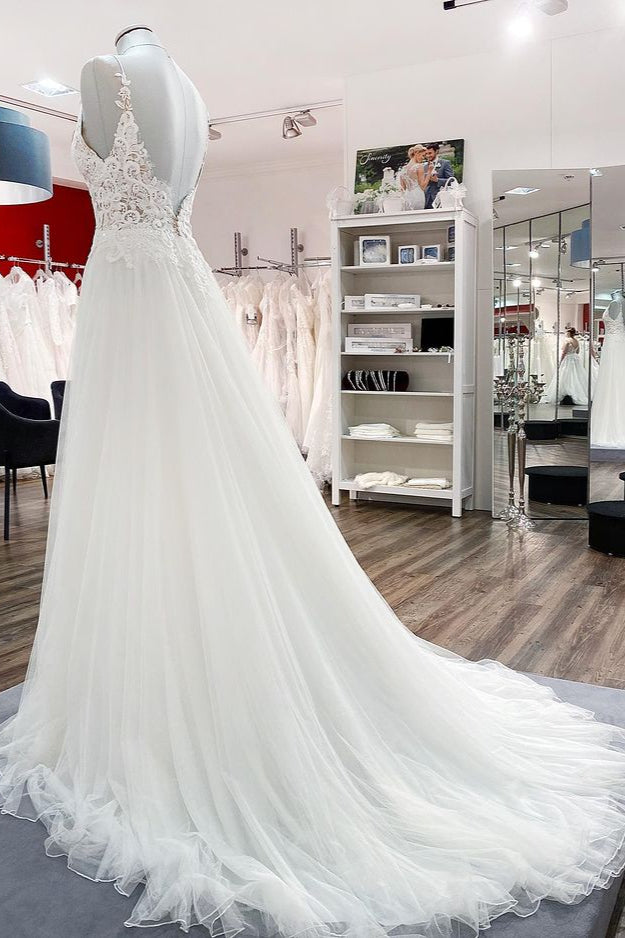 Classy V-Neck Sleeveless Lace Ruffles A-line Tulle Wedding Dress
