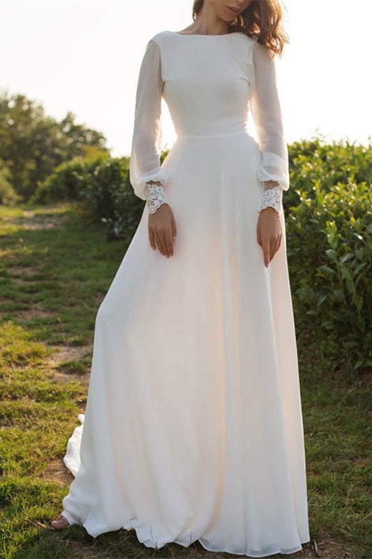 Backless Chiffon Wedding Dress with Long Sleeves