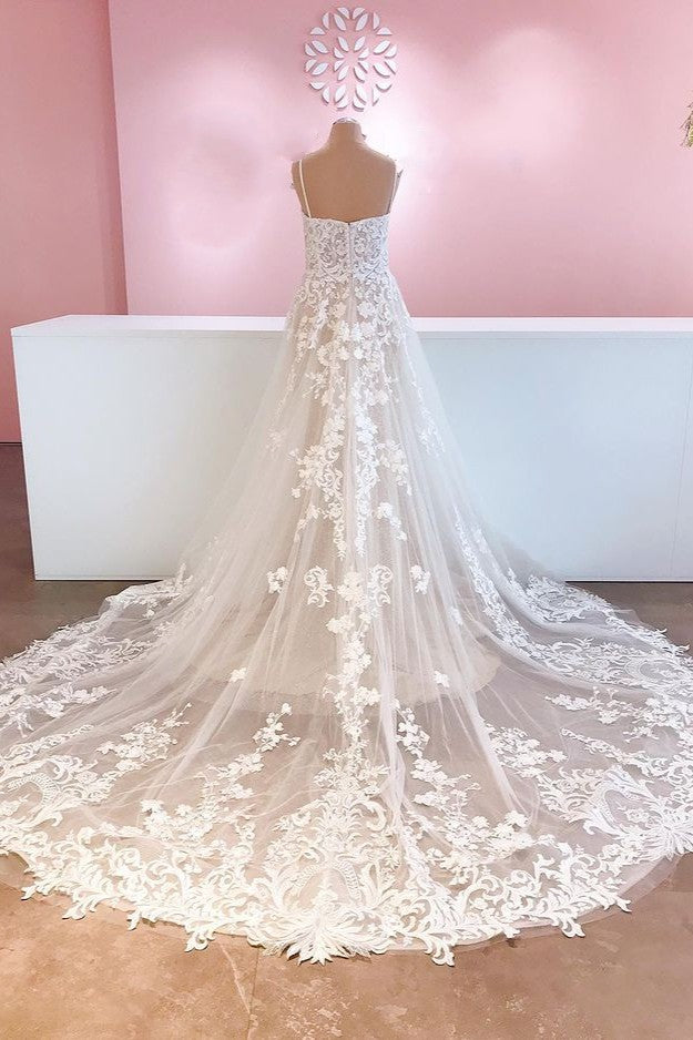 Classy Spaghetti Straps A-Line Tulle Backless Wedding Dress With Appliques Lace