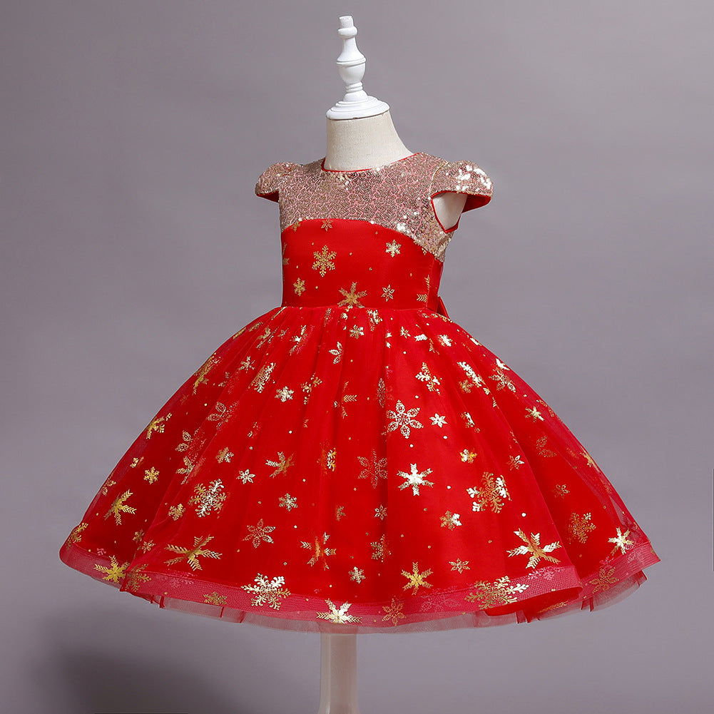 Short Red A-line Glitter Flower Girls Dress with Tulle Appliques