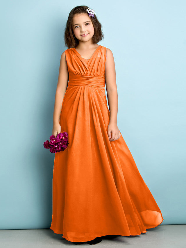 A-Line V Neck Chiffon Flower Girl Dress - Floor Length With Criss Cross Natural Mini Me