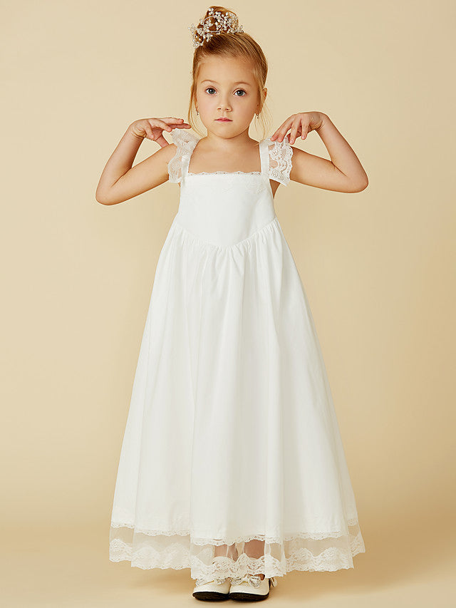 Sleeveless A-Line Flower Girl Dress with Lace and Pleats
