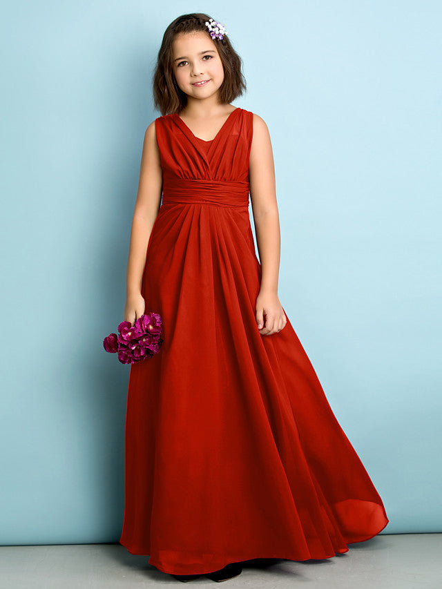 A-Line V Neck Chiffon Flower Girl Dress - Floor Length With Criss Cross Natural Mini Me