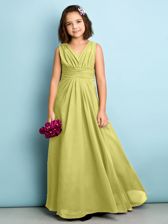 A-Line V Neck Chiffon Flower Girl Dress - Floor Length With Criss Cross Natural Mini Me