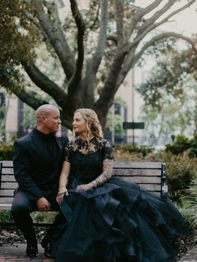 Gorgeous Long Tulle Lace Two Piece Wedding Dress With Short Sleeves