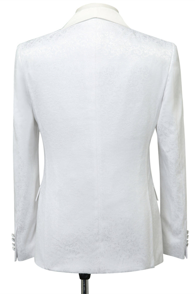 Chic White Jacquard Slim Fit Shawl Lapel Wedding Suit for Men