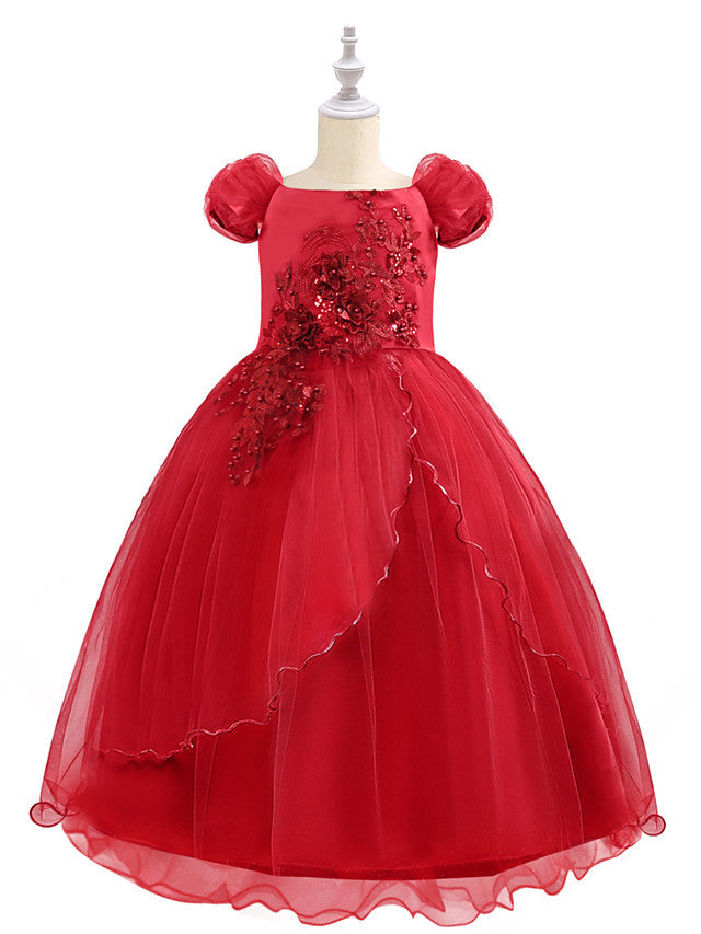 Short Sleeve Boat Neck Chiffon Tulle Flower Girl Dress with Beading Appliques & Paillette