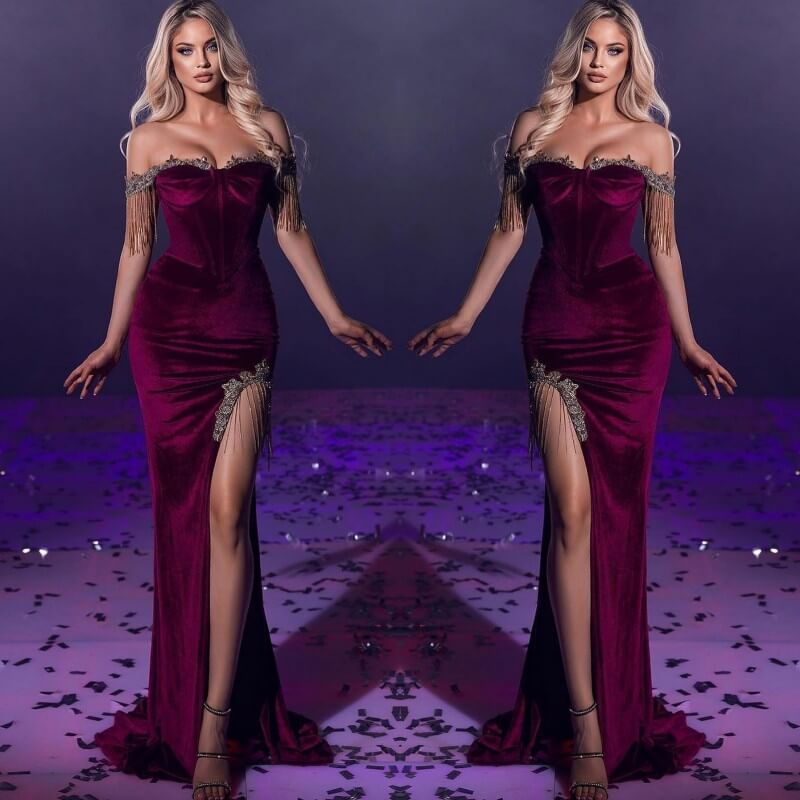 Glamorous Mermaid Slit Prom Dress Beads with Rhinstone Tassels Off-The-Shoulder