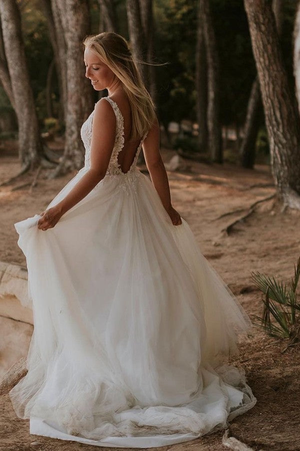 Modest Boho Long A-line V-neck Backless Lace Tulle Wedding Dress