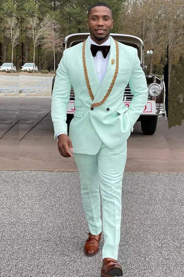 Mint Green Fashion Style Shawl Lapel Double Breasted Wedding Suit with Appliques by Conor
