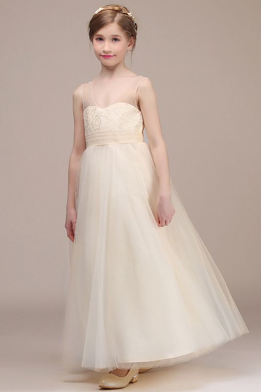 Princess Sheer Straps Sleeveless Flower Girl Dress with Lace and Tulle