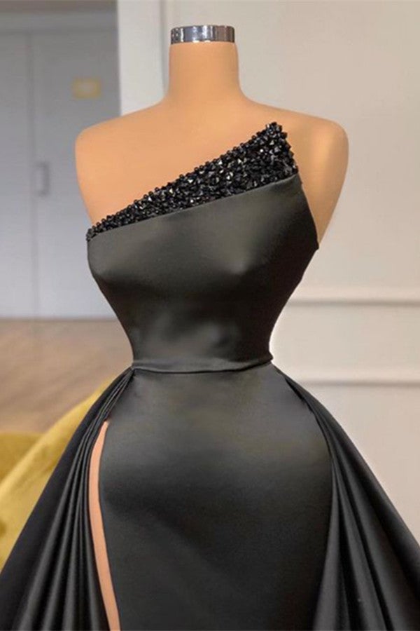 Gorgeous Black Prom Dress with Long Slit & Beaded Overskirt