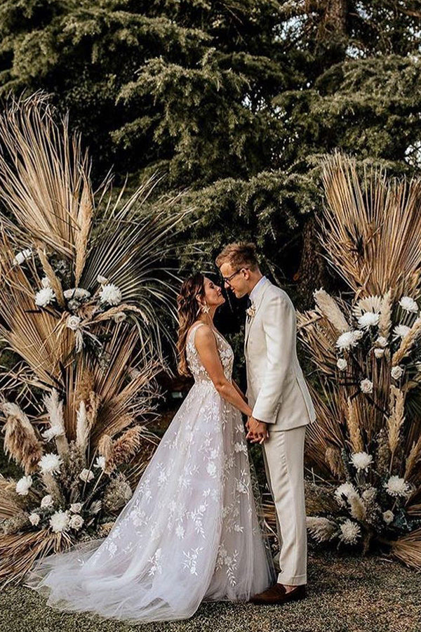 A-Line Wedding Dress With Appliques and Boho Straps V-neck