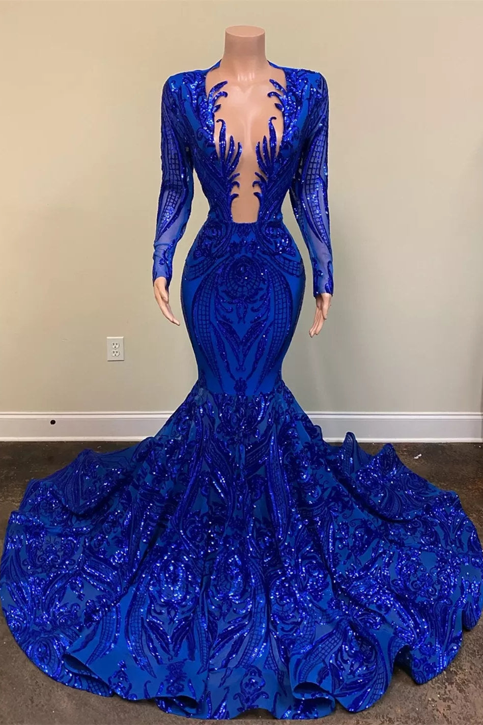 Royal Blue Sequins Prom Dress with Long Sleeves