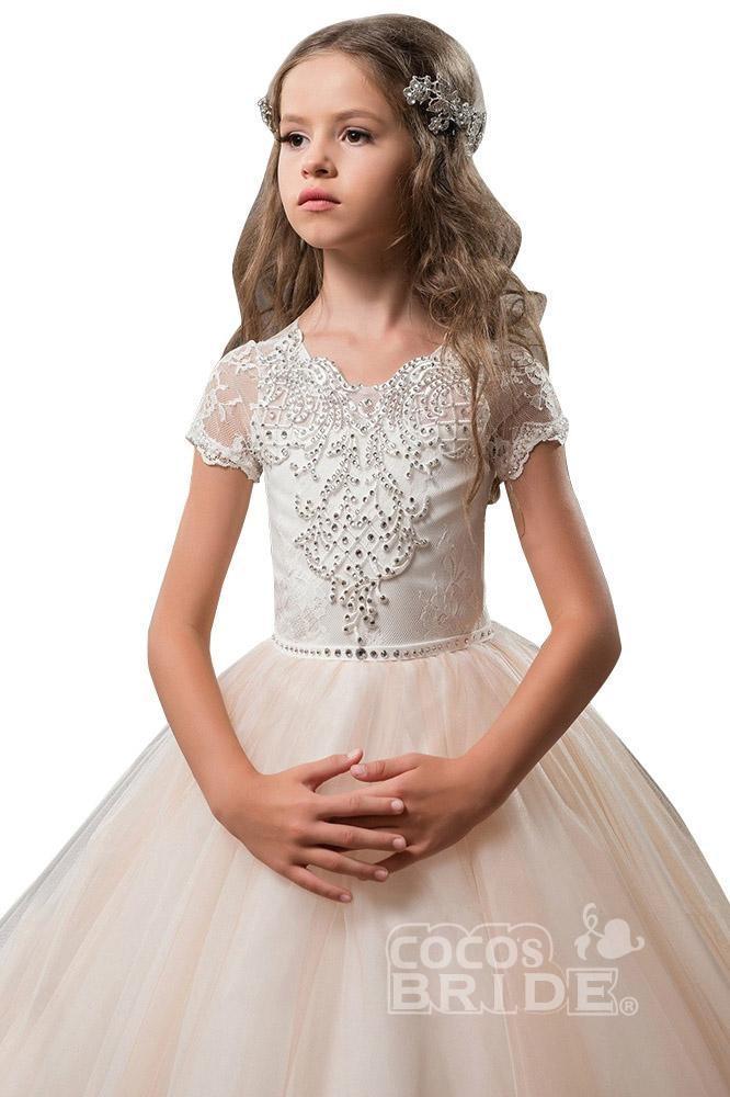 Light Pink Short Sleeve Scoop Neck Ball Gown Flower Girls Dress