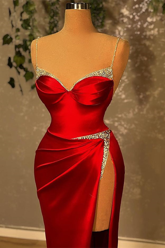 Glamorous Burgundy Mermaid Prom Dress with Spaghetti-Straps and Beadings