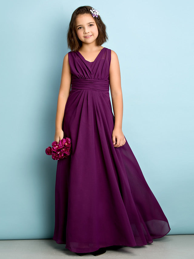 A-Line V Neck Chiffon Flower Girl Dress - Floor Length With Criss Cross Natural Mini Me