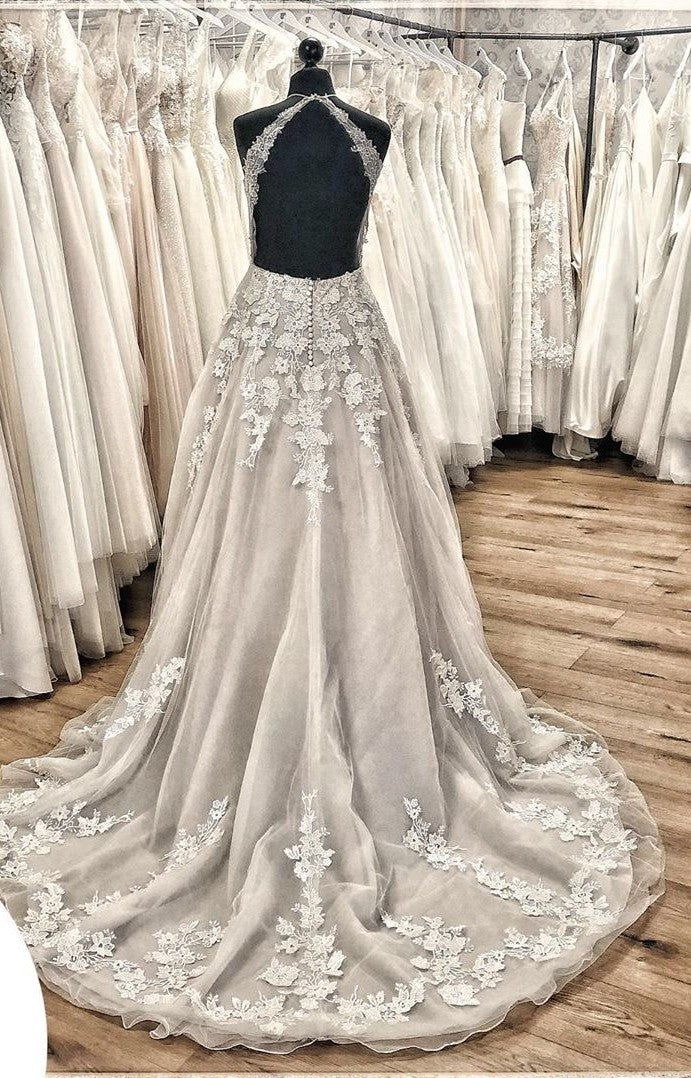 Elegant A-line Halter Wedding Dress with Tulle Ruffles & Appliques Lace Train