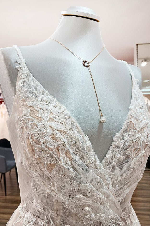 Elegant Long A-line V Neck Sleeveless Backless Wedding Dress with Ruffles
