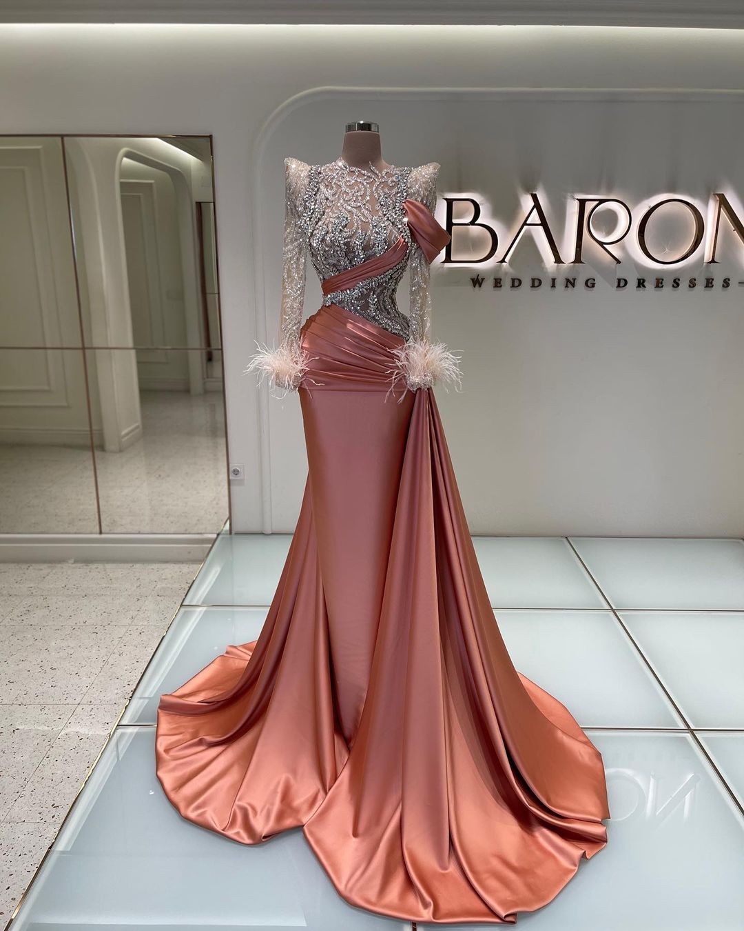 Feather Long Sleeve Sequins Diamond Prom Dress with Ruffles