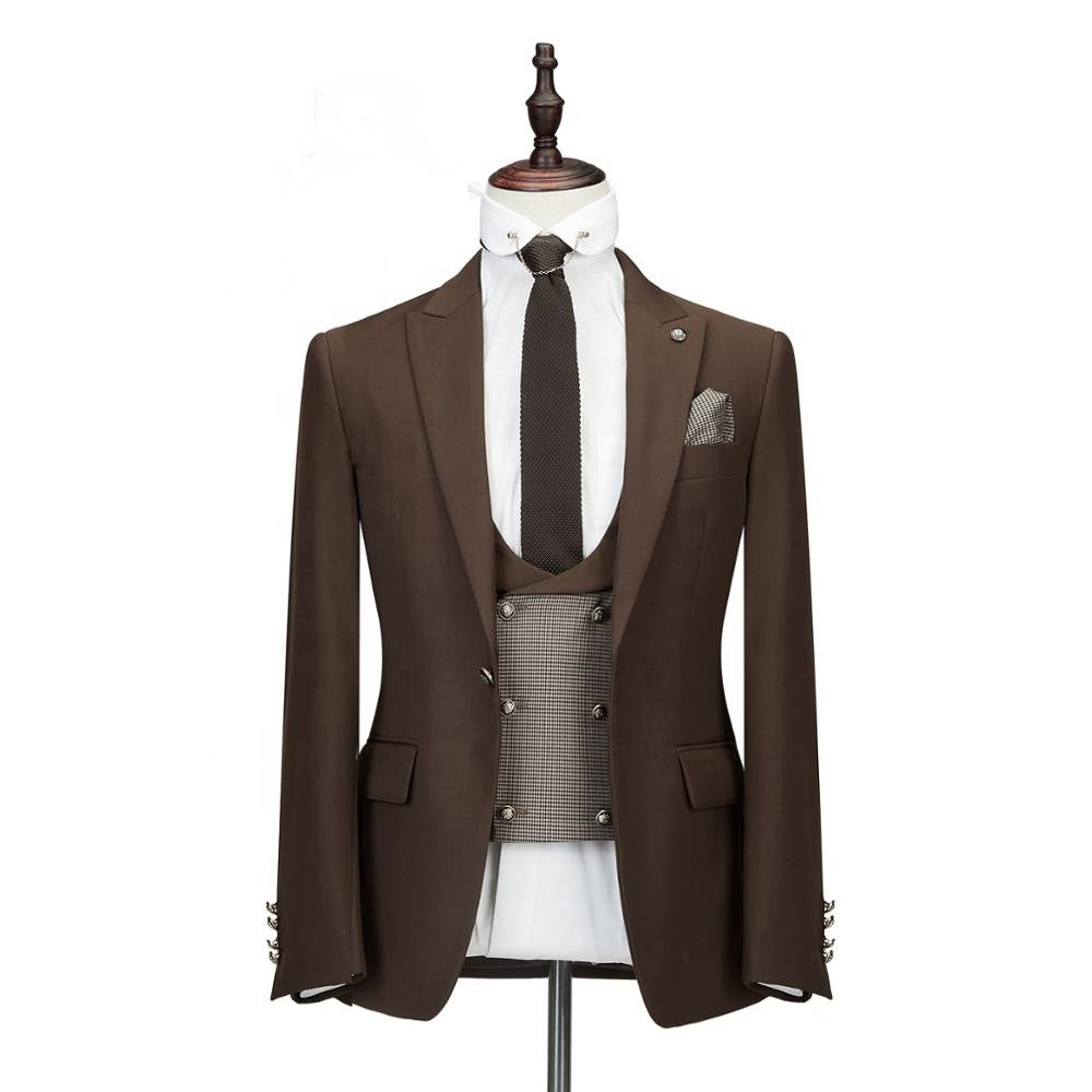 Elegant Brown Three-Piece Peaked Lapel Slim Fit Wedding Suit For Men