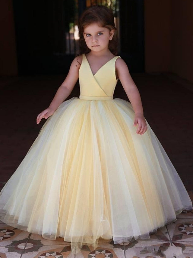 Satin Tulle V-Neck Ball Gown Flower Girl Dress With Pleats