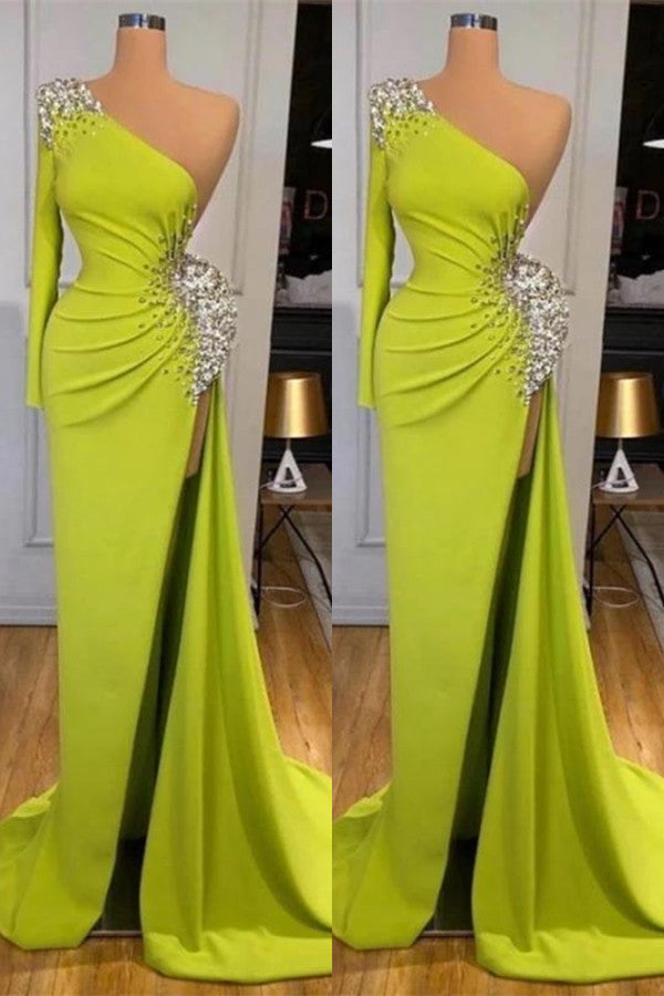 Mermaid Yellow Green Long Sleeves Prom Dress with Beads for a Splendid Look