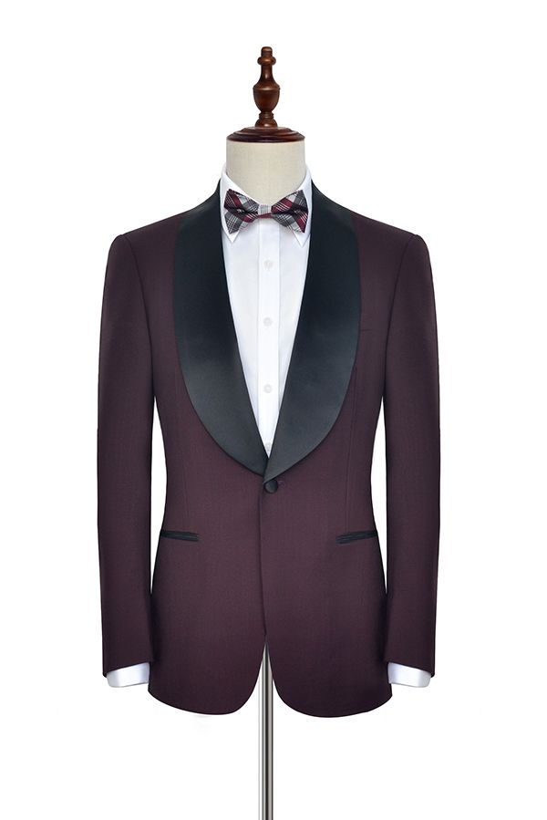 Luxury Black Shawl Collar One Button Burgundy Wedding Suit for Men