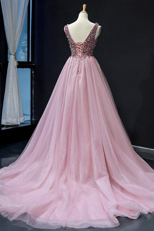 On Sale: Pink V-Neck Mermaid Sleeveless Prom Dress With Beadings