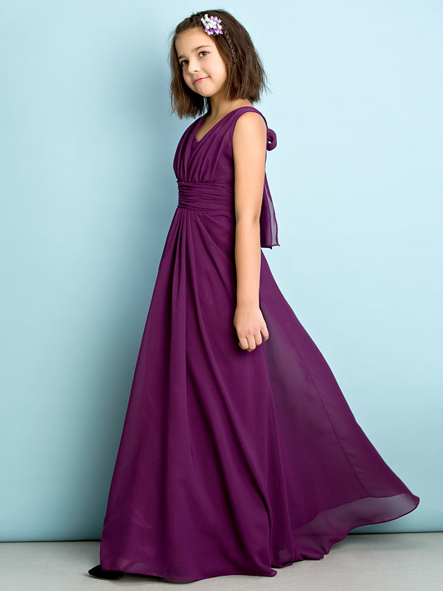 A-Line V Neck Chiffon Flower Girl Dress - Floor Length With Criss Cross Natural Mini Me