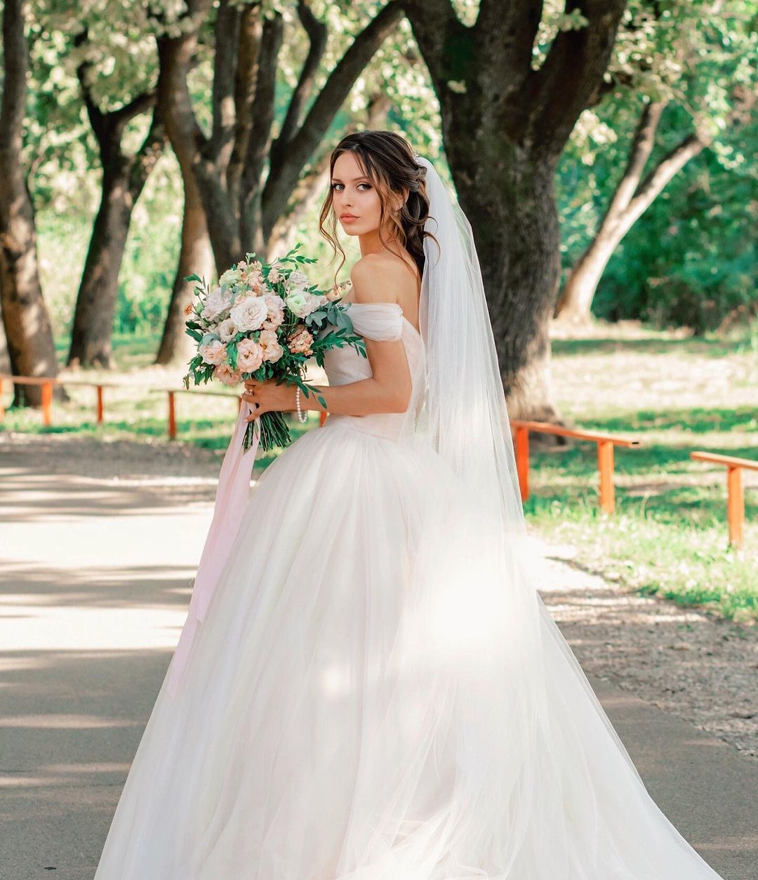 Beautiful Tulle A-line Long Wedding Dress with Off-the-shoulder and Chapel Train