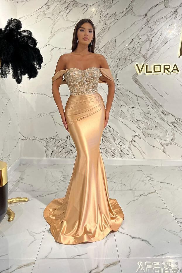 Gorgeous Mermaid Sequins Prom Dress With Beads Pleated Off-The-Shoulder