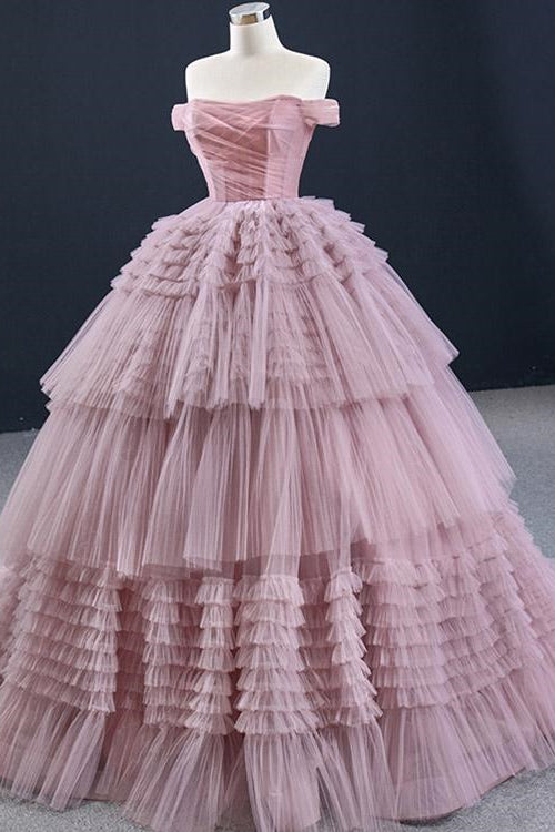 On Sale! Lotus Ball Grown Tulle Prom Dress With Strapless Off-The-Shoulder Layered Design
