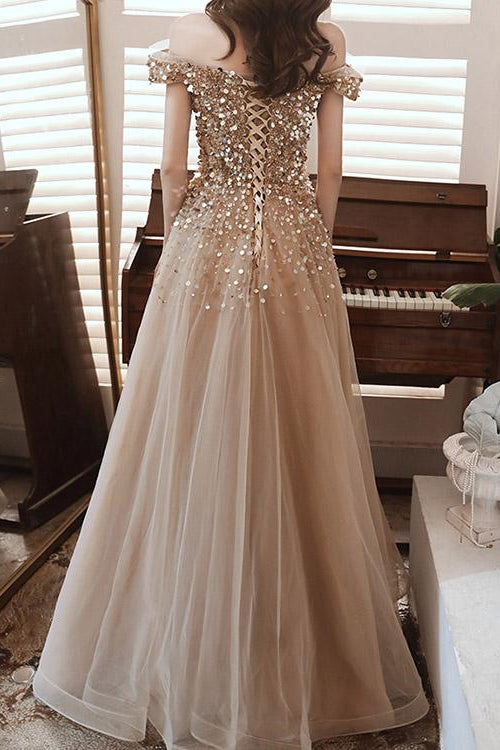 Elegant Off-The-Shoulder Sweetheart Sequins Long Evening Dress - Champagne