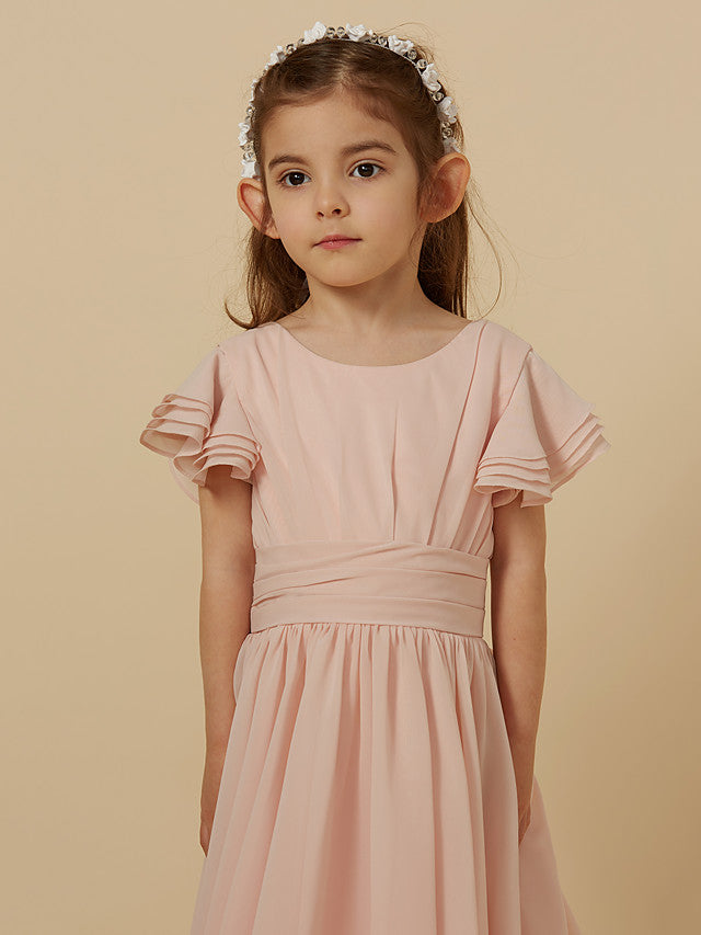 Short Sleeve A-Line Tea Length Flower Girl Dress with Sash