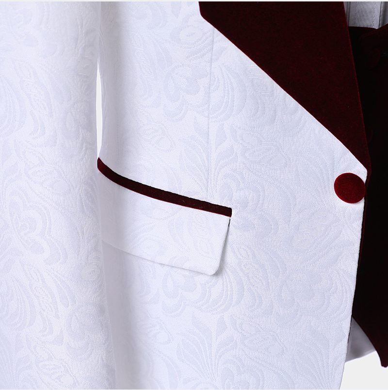 Modern White Jacquard Floral Wedding Tuxedo With Burgundy Lapel