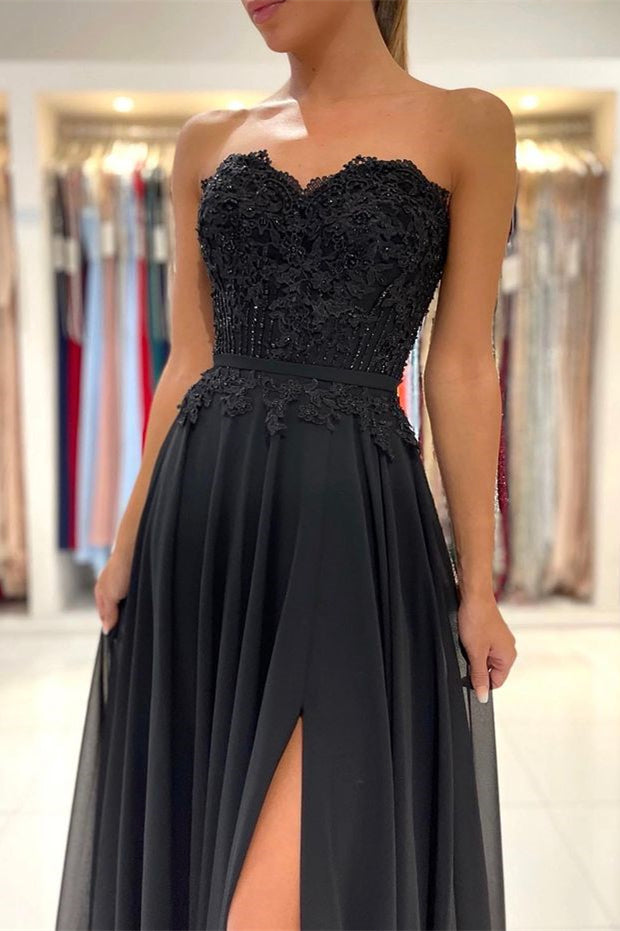 Black Sweetheart Split Prom Dress with Appliques