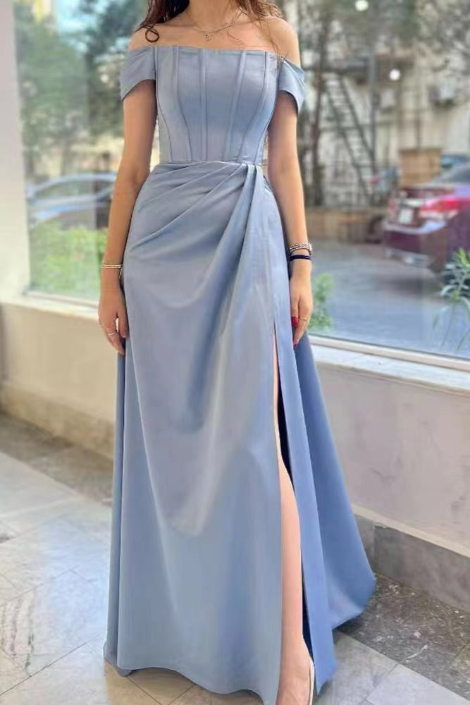 Gorgeous Off-The-Shoulder Split Prom Dress in Dusty Blue with Pleats