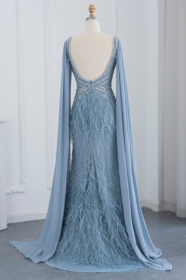 V Neck Feather-Accented Evening Dress with Mermaid Side Split and Open Back