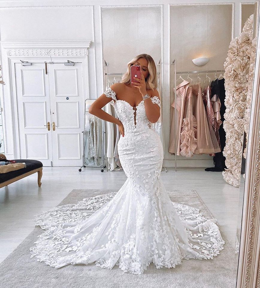 Gorgeous Off-the-shoulder Backless Long Mermaid Wedding Dress with Lace