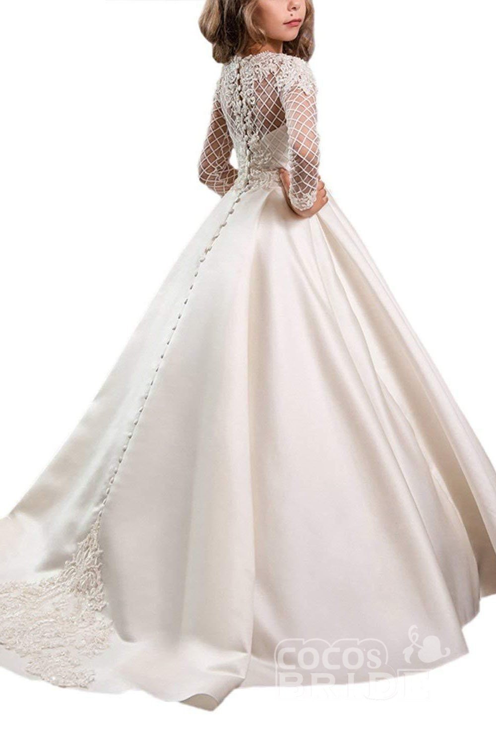 Long Sleeves Ball Gown Dress with Lace Buttons for White Scoop Neck Flower Girls