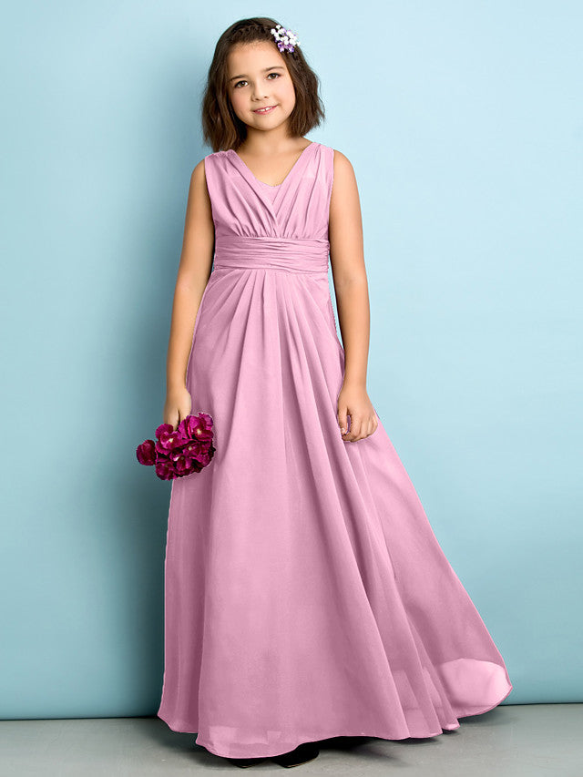 A-Line V Neck Chiffon Flower Girl Dress - Floor Length With Criss Cross Natural Mini Me