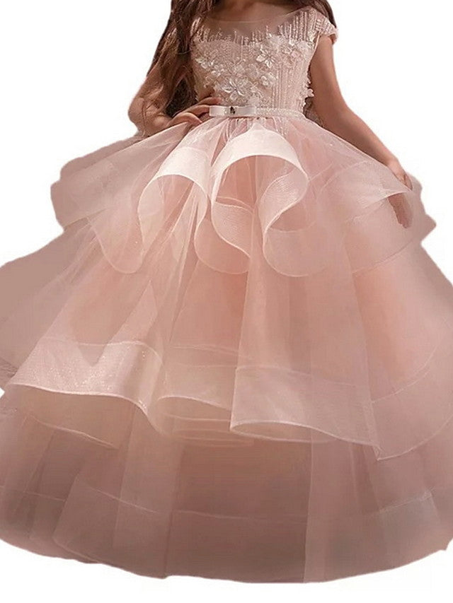 Princess Sleeveless Jewel Neck Flower Girl Dress - Polyester with Bow Embroidery