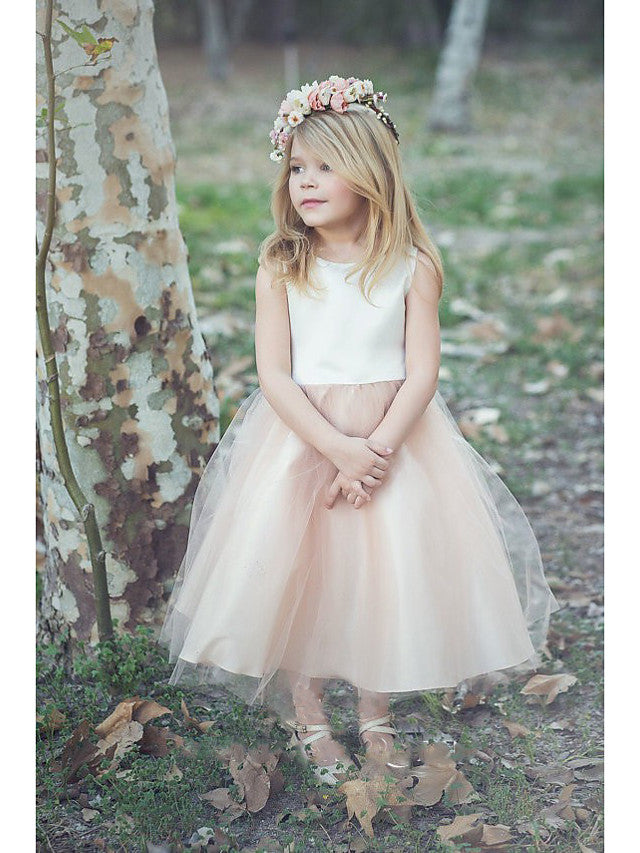 A-Line Jewel Neck Flower Girl Dress with Tier and Sleeveless Satin Tulle Knee Length